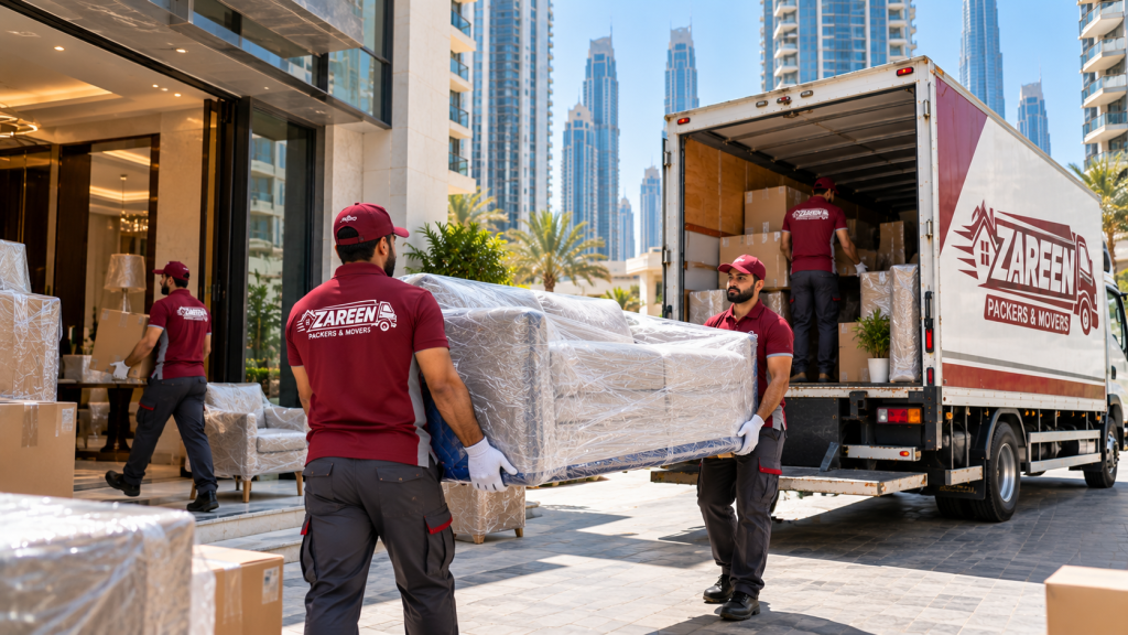 Apartment movers in Dubai moving boxes and furniture from a high-rise apartment