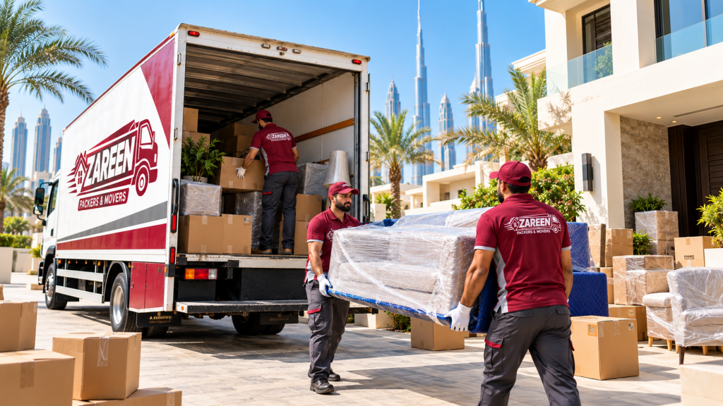 Home movers in Dubai packing and moving furniture from a family home