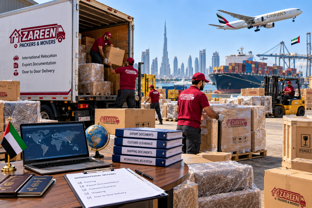 International movers in Dubai preparing household goods for overseas relocation