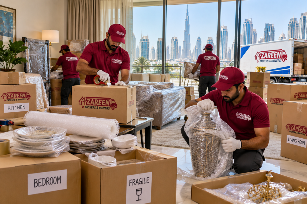 Professional packers wrapping fragile items in boxes for a Dubai move
