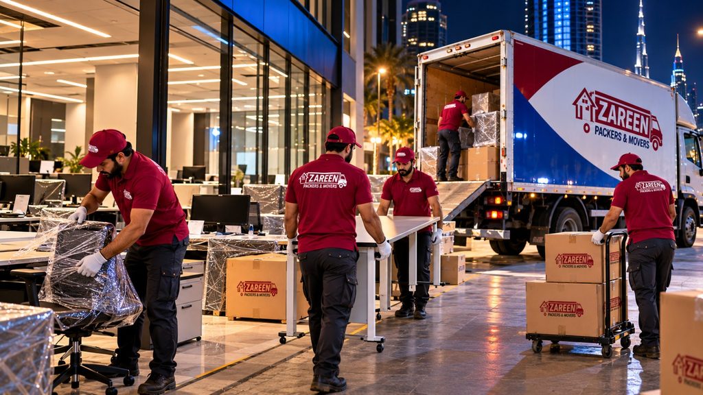 Movers carrying wrapped office chairs, desks and moving boxes into a branded truck at night outside an office building with the Dubai skyline behind them