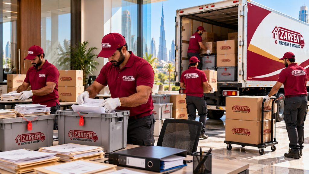 Movers wearing gloves packing confidential documents into lockable crates with security tags while colleagues load boxes into a branded truck, with the Dubai skyline behind them