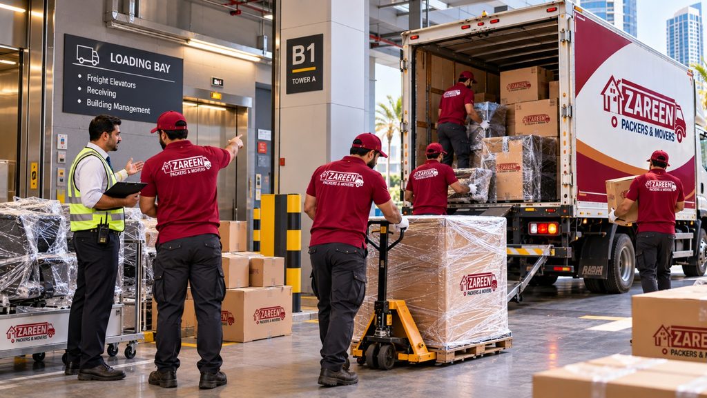 Movers loading shrink-wrapped crates into a branded truck at a tower loading dock while a supervisor checks details with a security guard during an office move