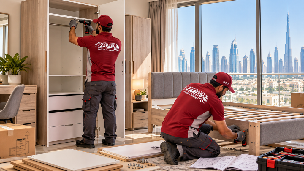 Handyman services in Dubai assembling a flat-pack wardrobe and bed frame in a bedroom with the city skyline behind them