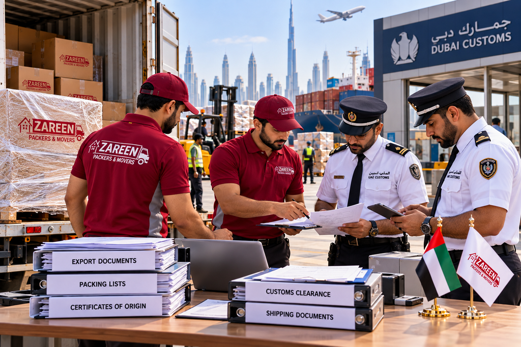 International movers in Dubai coordinating customs clearance with UAE customs officers at the port