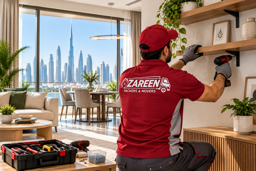 Technician installing wooden floating shelves on a living room wall with the Dubai skyline behind him