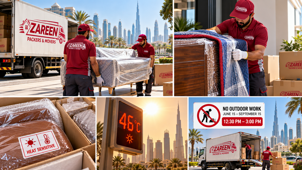 Collage of movers wrapping furniture for heat protection during a Dubai summer move, with a 46°C temperature sign and a midday work ban notice
