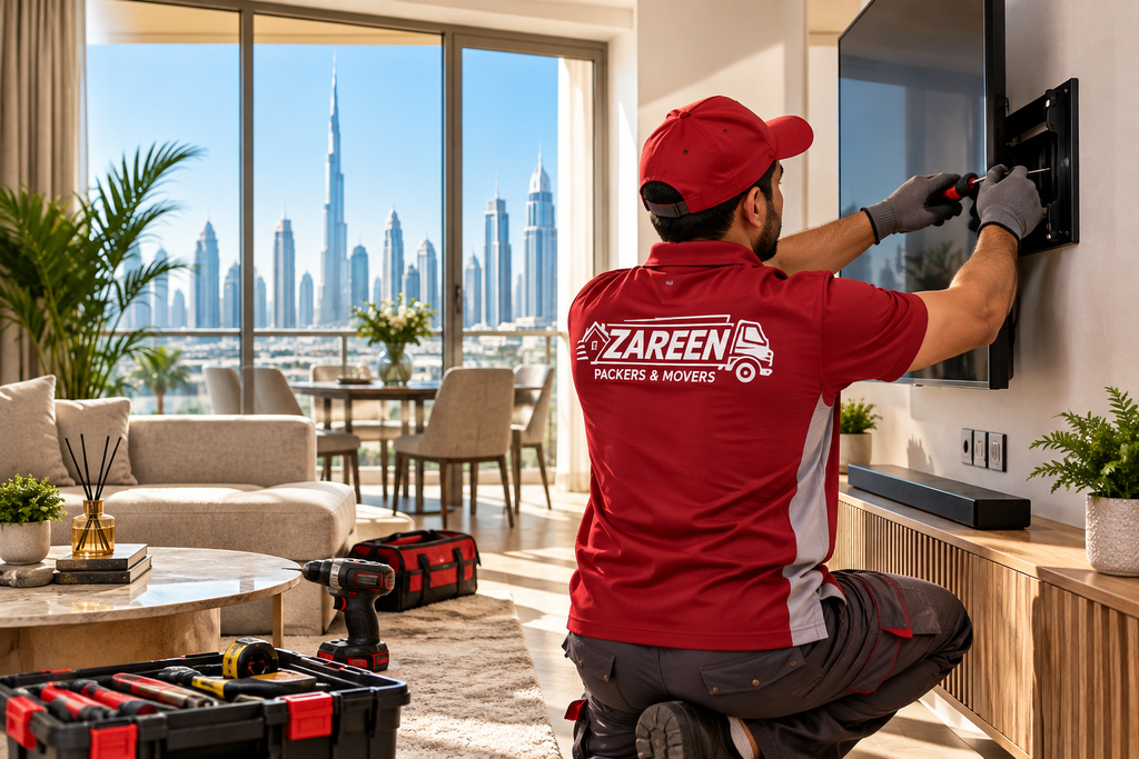 Technician securing a flat-screen TV to a wall bracket in a bright Dubai living room with the city skyline through the windows