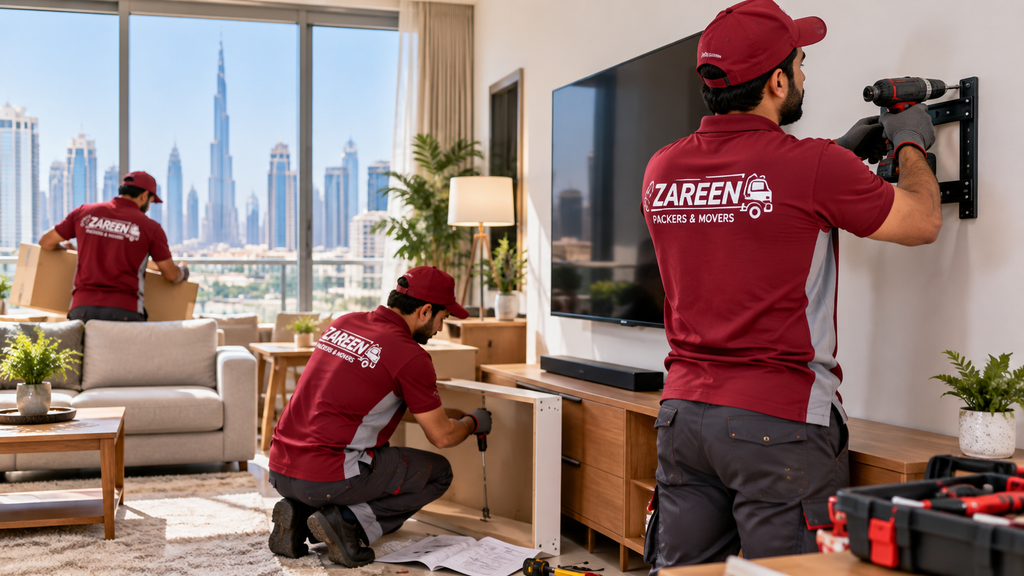 Movers in Dubai mounting a TV on a wall and assembling furniture in a living room with the city skyline behind them