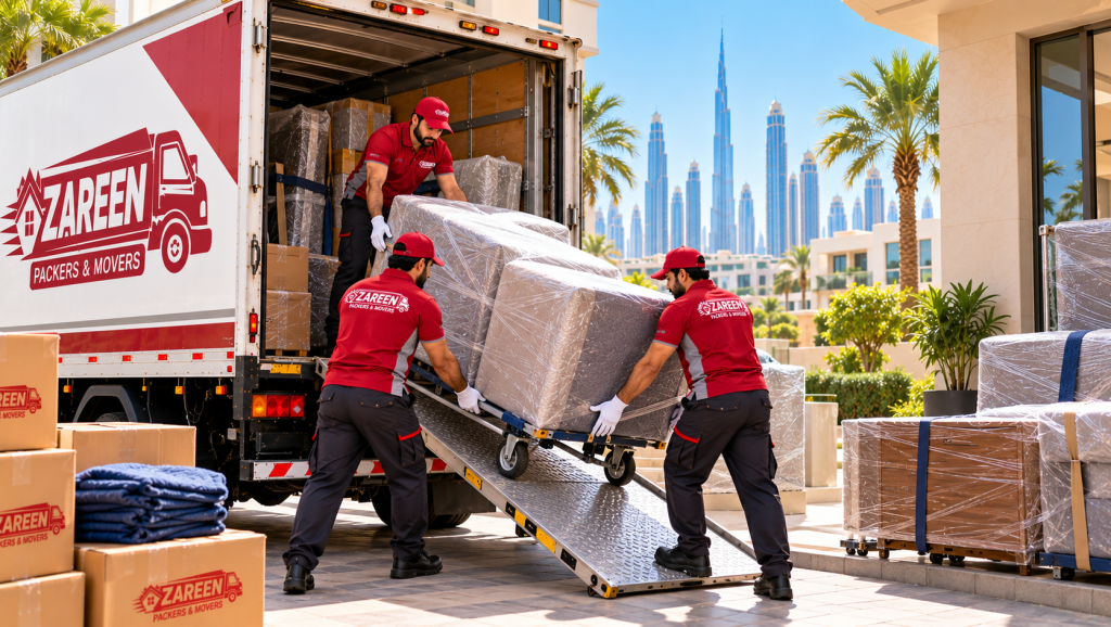 Apartment movers in Dubai loading plastic-wrapped furniture into a moving truck