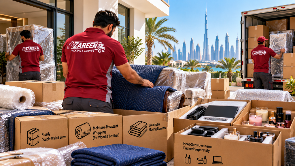 Movers wrapping furniture with moving blankets and stretch film outside a villa, with boxes labelled for double-walled boxes, moisture-resistant wrapping and breathable moving blankets, and the Dubai skyline behind them