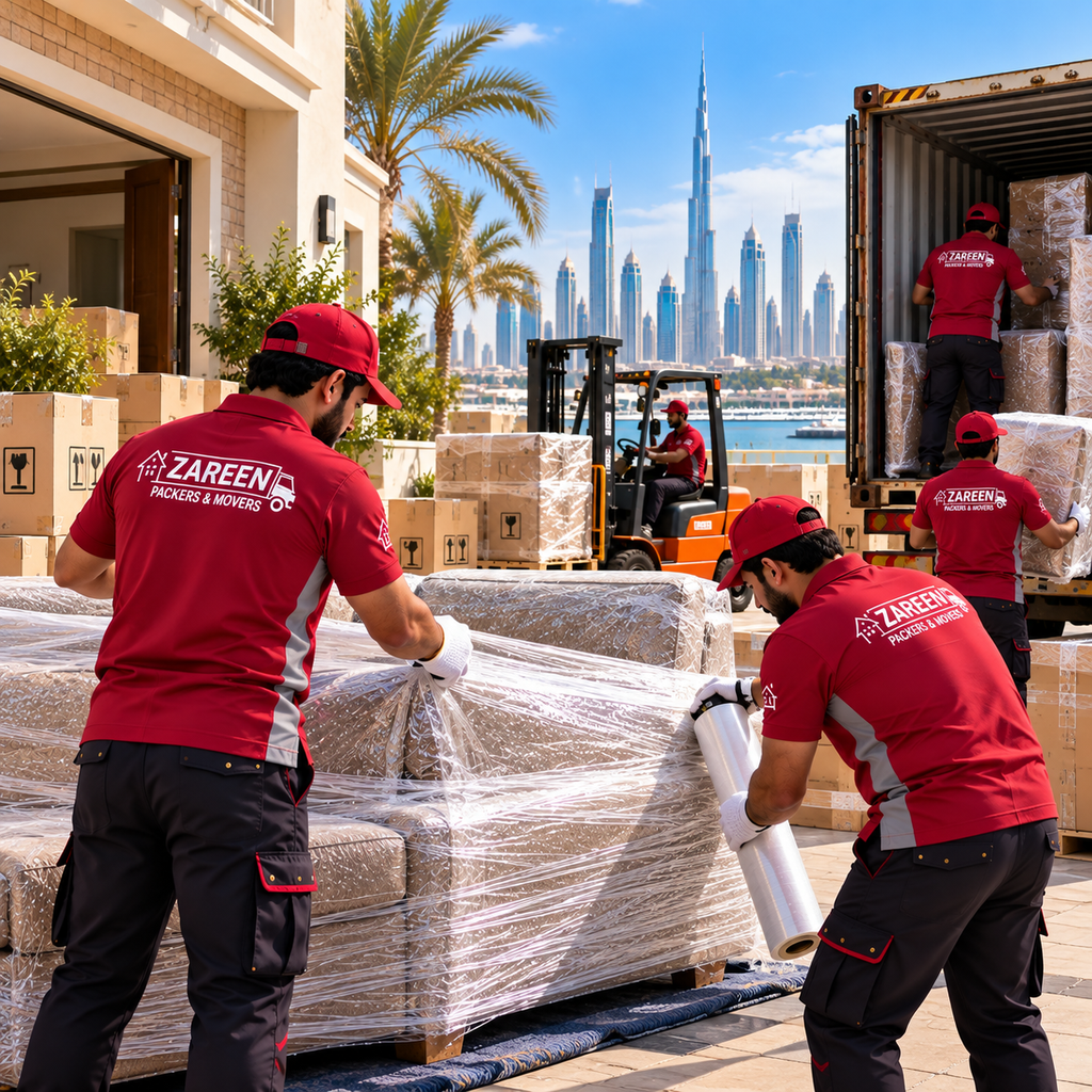Movers wrapping a sofa in stretch film outside a villa before loading it into a container, with the Dubai skyline and Burj Khalifa behind them
