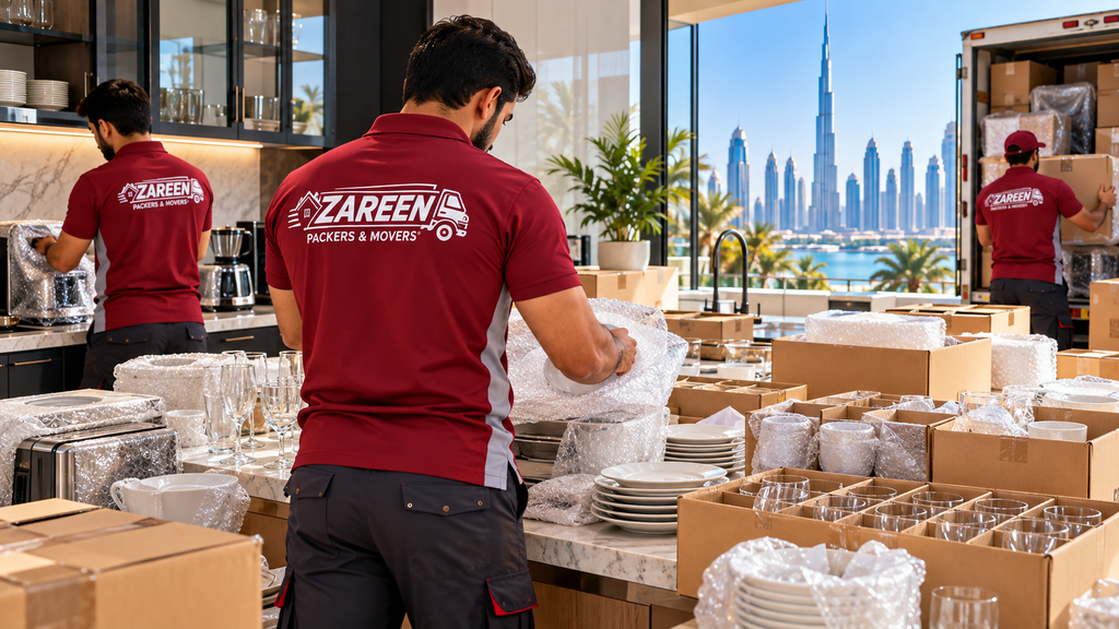 Movers individually wrapping plates, glasses and dishes with bubble wrap in a Dubai kitchen, packing them into cardboard boxes with dividers, with the city skyline behind them