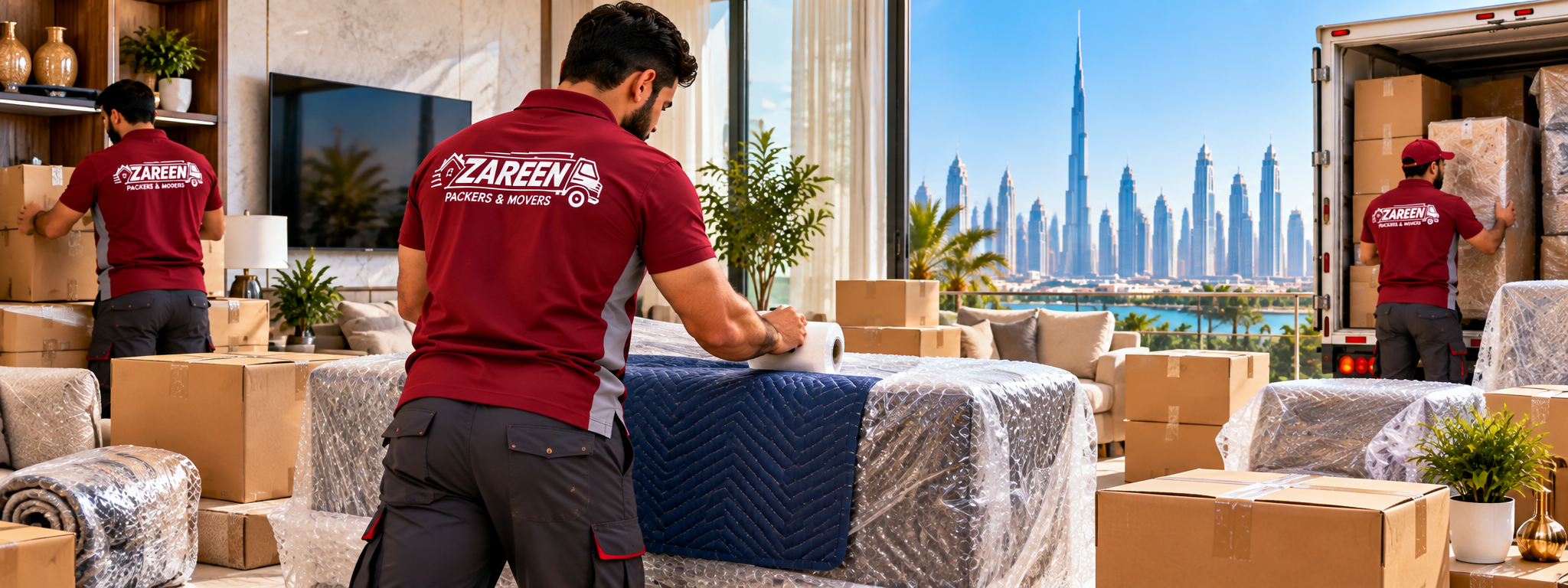 Movers and packers in Dubai wrapping furniture and packing boxes in a Dubai apartment with the Dubai skyline behind them