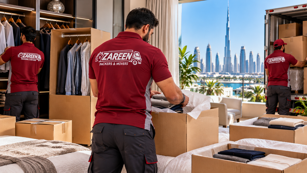 Packing and unpacking services in Dubai packing folded clothes with tissue paper into boxes and hanging garments in a wardrobe box in a Dubai bedroom with the city skyline behind them