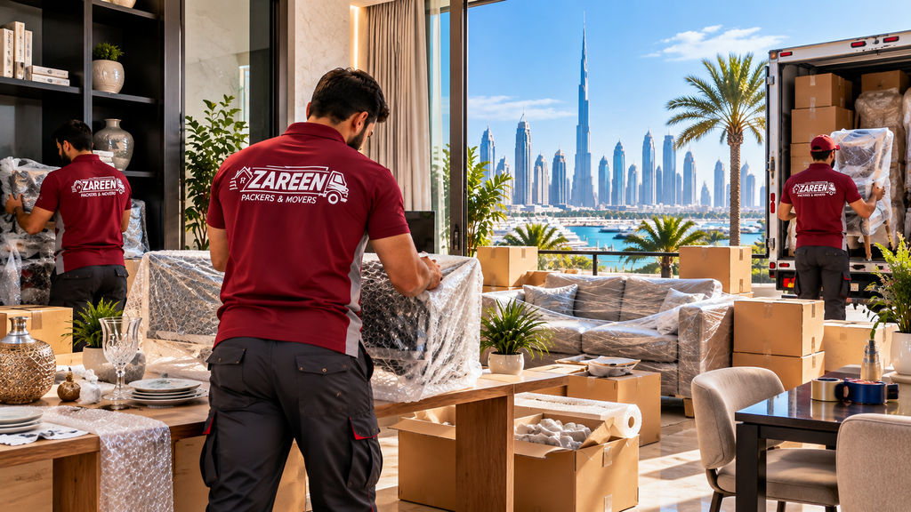 Movers in Dubai wrapping furniture in bubble wrap and packing boxes in a Dubai apartment with the city skyline behind them, while a colleague loads a wrapped chair into a truck