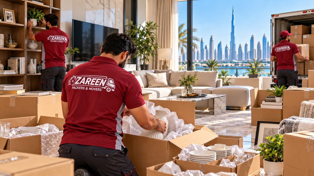 Movers unpacking boxes and arranging plants and decor on shelves in a Dubai living room with the city skyline behind them