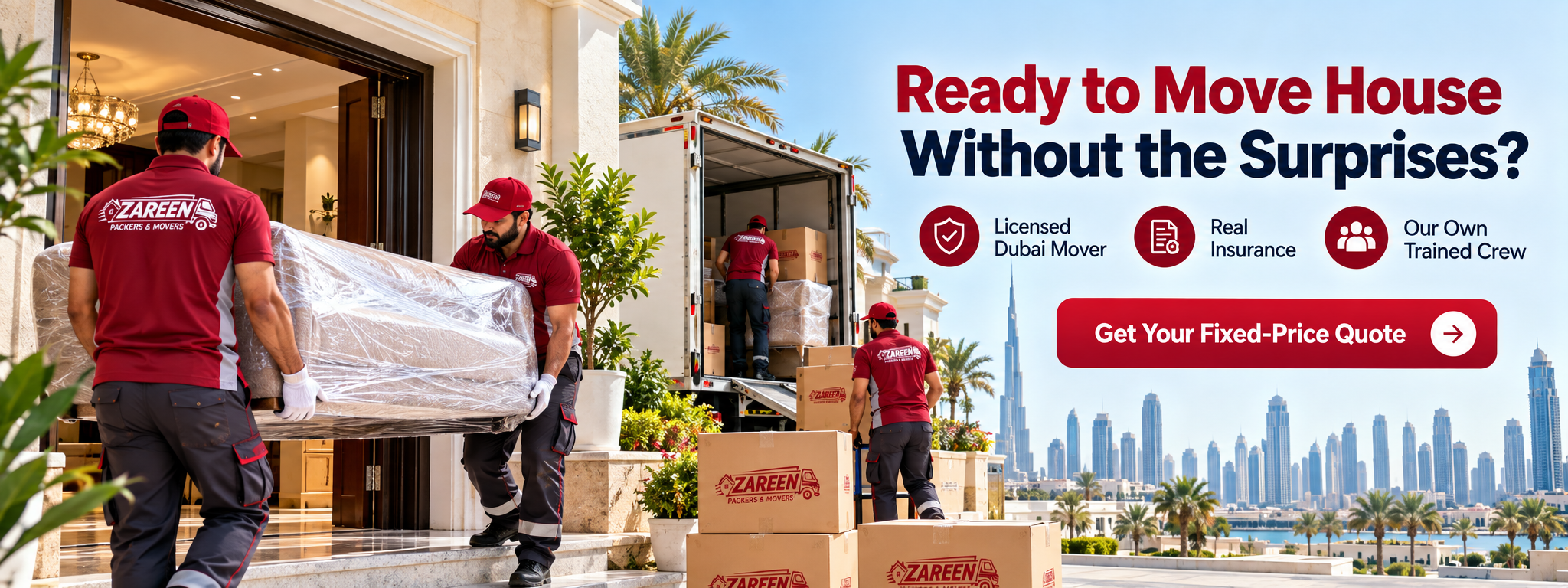 Movers and packers in Dubai carrying a shrink-wrapped sofa toward a moving truck during a house move with the Dubai skyline behind them