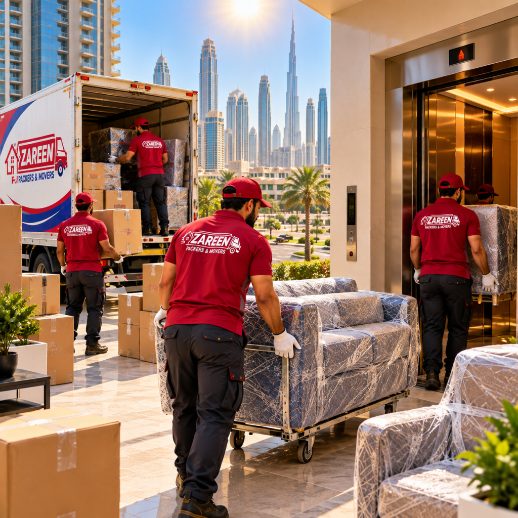 Movers loading wrapped furniture into a truck on a sunny relocation day with the Dubai skyline behind them