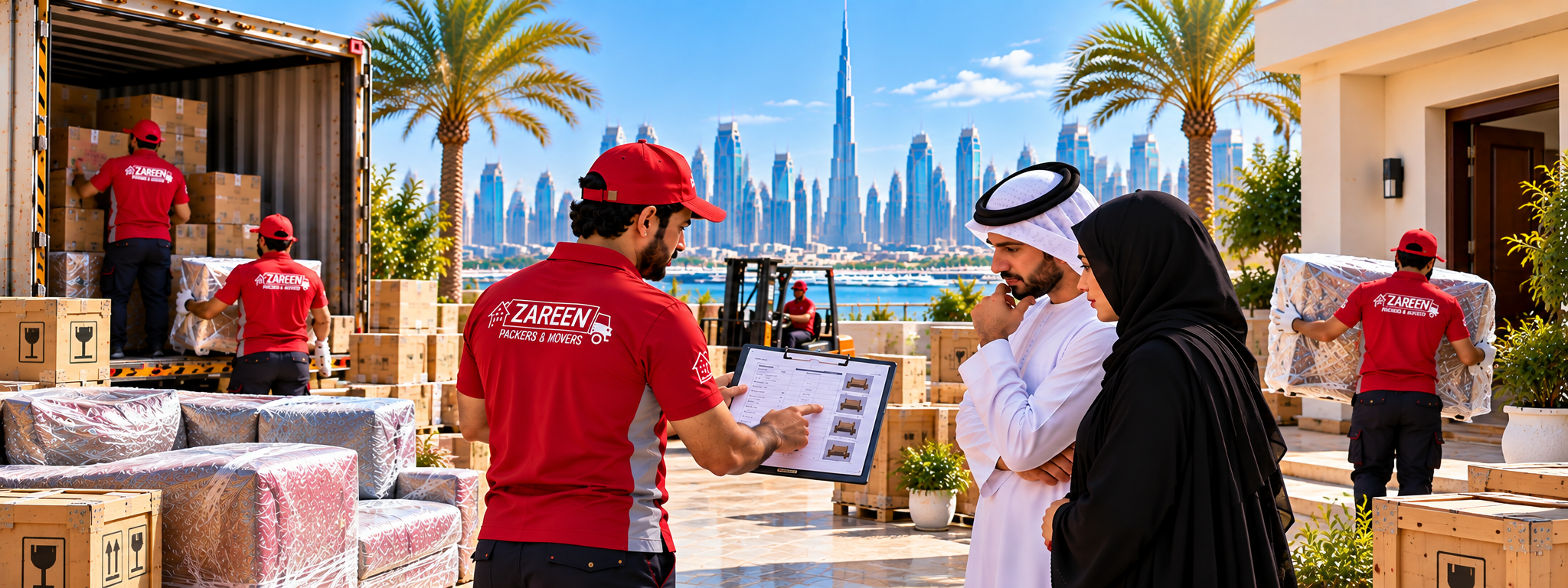 Movers and packers in Dubai loading moving boxes and wrapped furniture into a shipping container outside a villa with the Dubai skyline behind them