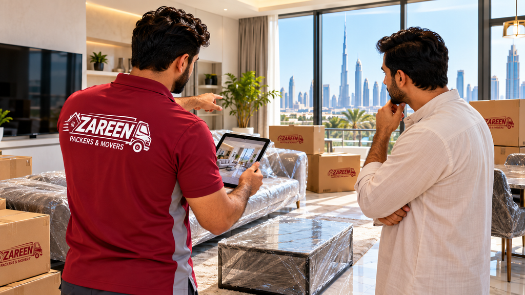 Moving consultant with a tablet discussing a house survey with a client in an apartment living room with a city view