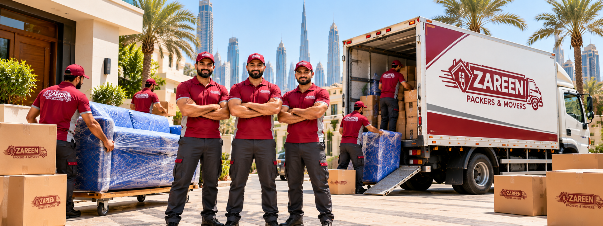Moving team in red uniforms standing in front of a branded truck with the Dubai skyline and Burj Khalifa, movers in Dubai