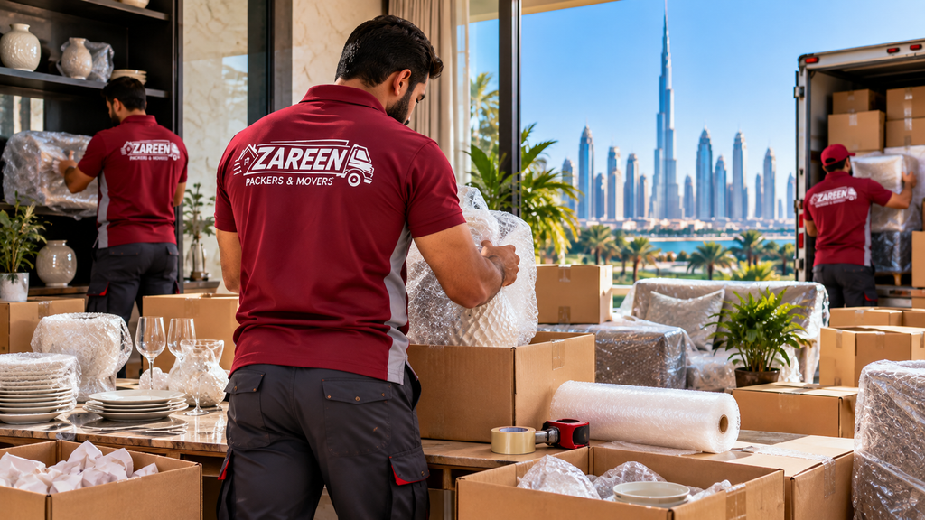 Packing and unpacking services in Dubai packing glassware and dishes with bubble wrap and packing paper into cardboard boxes in a Dubai apartment with the city skyline behind them