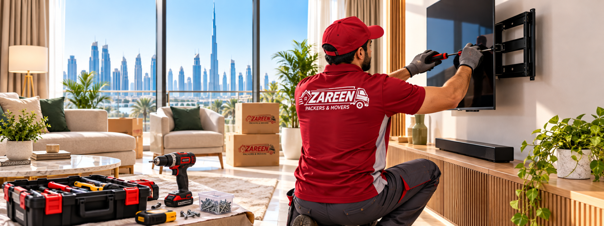 Movers and packers in Dubai mounting a flat-screen TV to a wall bracket with the Dubai skyline behind them