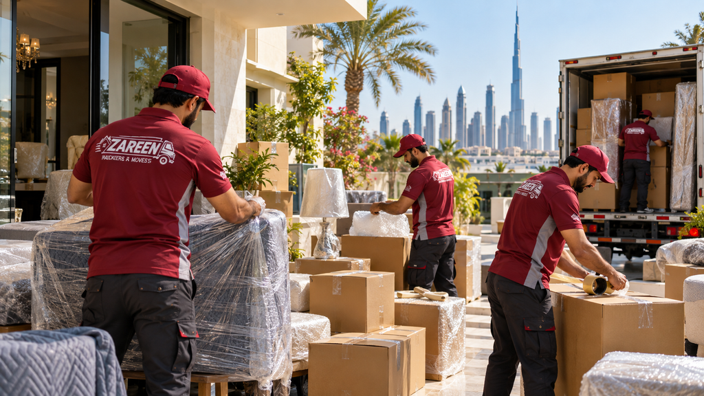 Movers wrapping furniture in stretch film and sealing cardboard boxes outside a villa, with the Dubai skyline behind them