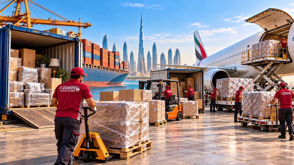 International movers in Dubai loading sea and air freight containers at a Dubai cargo terminal with the city skyline behind them