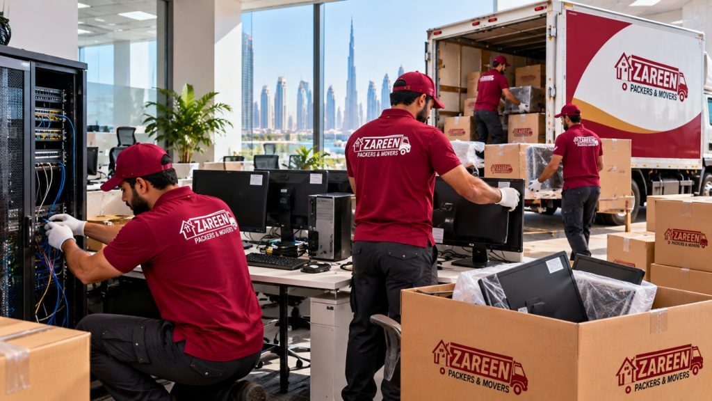 Office movers in Dubai disconnecting a server rack and packing computer monitors into boxes during an office move