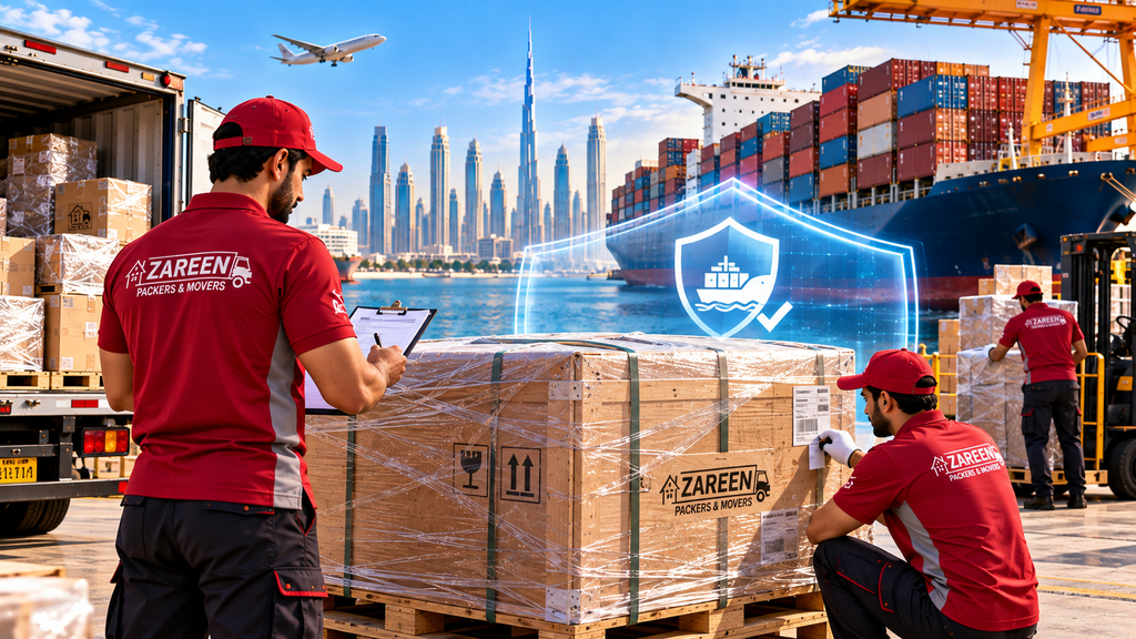 Movers labelling a wrapped shipping crate at a port with a holographic protection shield graphic, a container ship, an aircraft and the Dubai skyline behind them