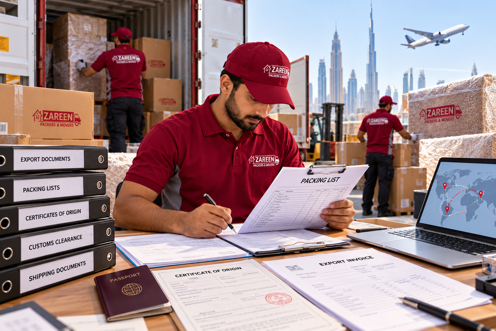 International movers in Dubai preparing export documents, packing lists and customs paperwork for an overseas shipment