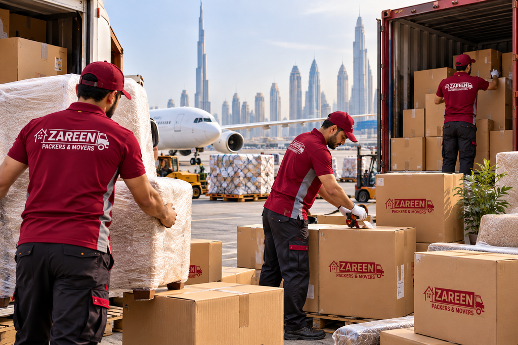 Movers in Dubai loading wrapped furniture and branded boxes into a shipping container beside an aircraft with the city skyline behind them
