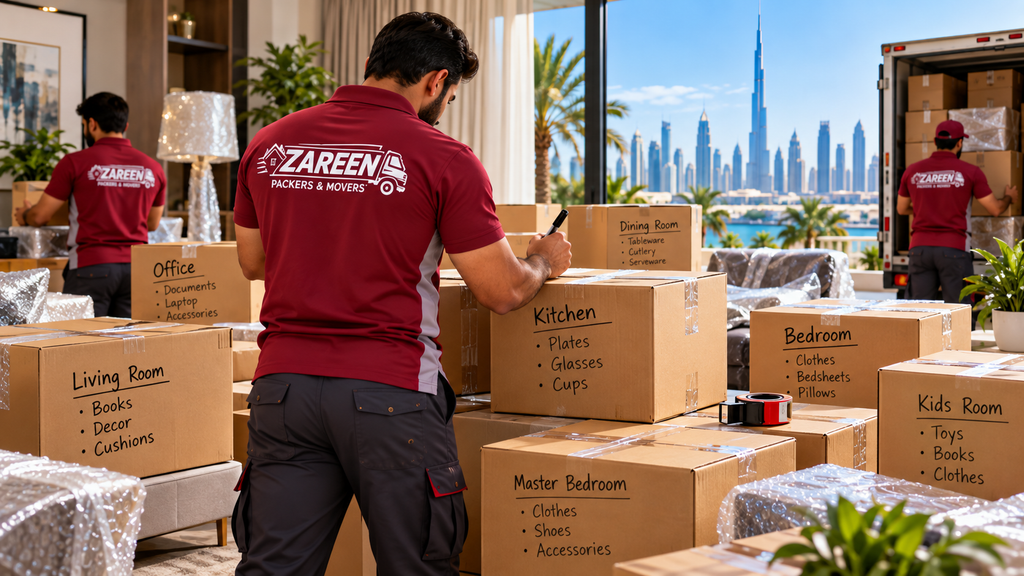 Movers labelling moving boxes by room and contents in a Dubai apartment with the city skyline behind them