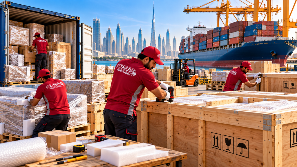 Movers building wooden export crates and wrapping furniture beside an open shipping container at a port, with a container ship and the Dubai skyline behind them