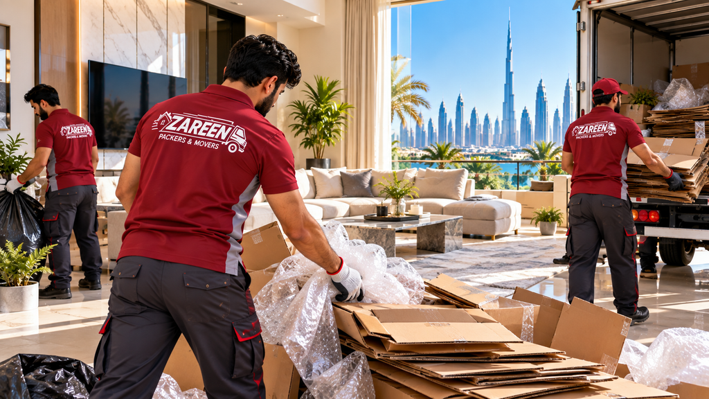 Movers clearing packing waste in a Dubai living room, folding flattened cardboard boxes and carrying rubbish bags, with the city skyline behind them