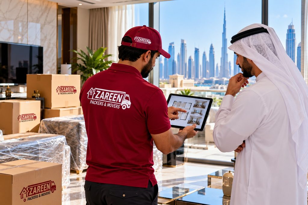 Moving consultant showing office floor plans on a tablet to a client during a pre-move site survey, with packed boxes and the Dubai skyline behind them