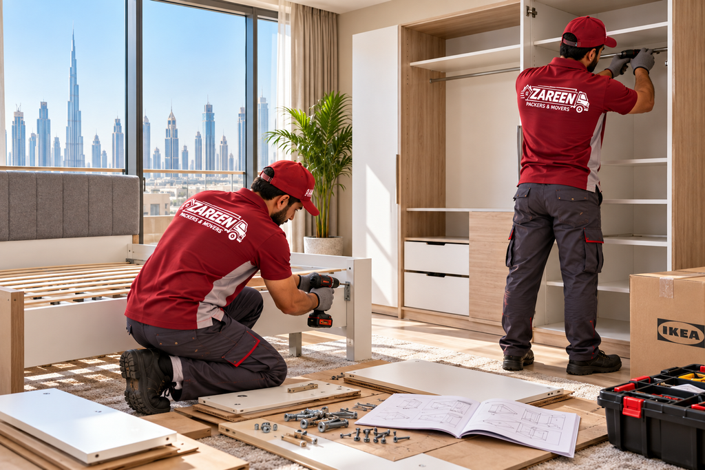 Technicians assembling a flat-pack bed frame and wardrobe in a Dubai bedroom with the city skyline behind them