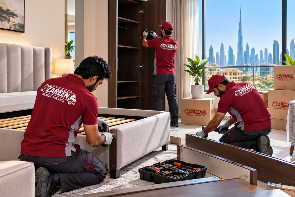 Movers reassembling bedroom furniture in a Dubai home with the city skyline behind them