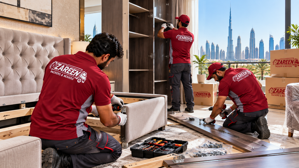 Home movers in Dubai dismantling a bed frame in a bedroom during a house move