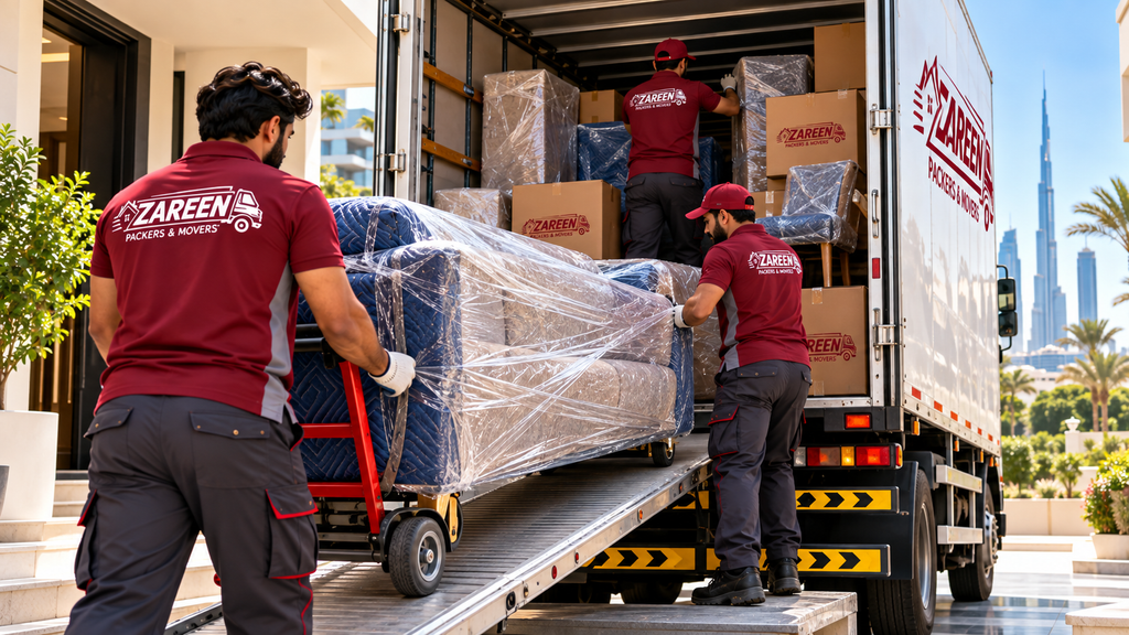 Home movers in Dubai loading wrapped furniture into a moving truck
