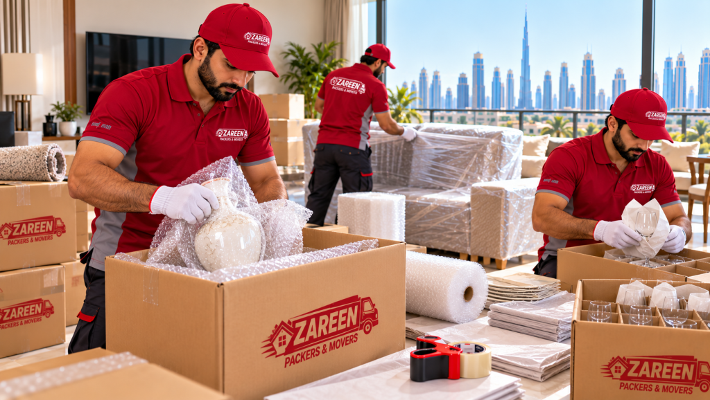 Movers wrapping delicate household items and packing them into cardboard moving boxes