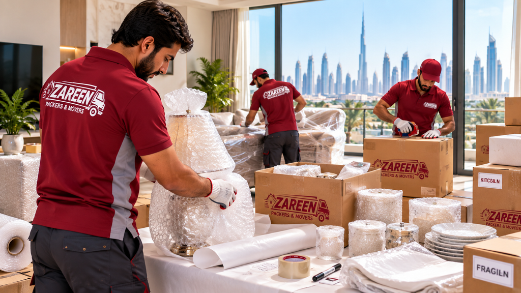 Movers wrapping fragile items and packing them into cardboard moving boxes in a Dubai home with the city skyline behind them