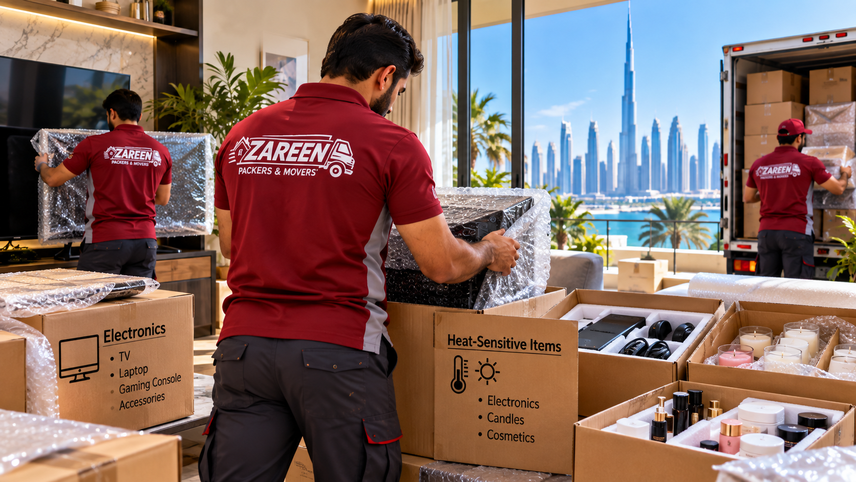 Movers wrapping a TV and electronics in bubble wrap in a Dubai living room, with labelled boxes for electronics, heat-sensitive items, candles and cosmetics, and the city skyline behind them