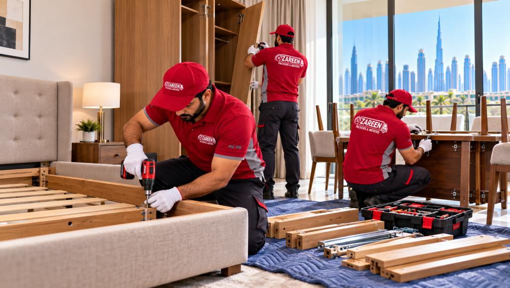 Movers dismantling a bed frame in an apartment living room before a move