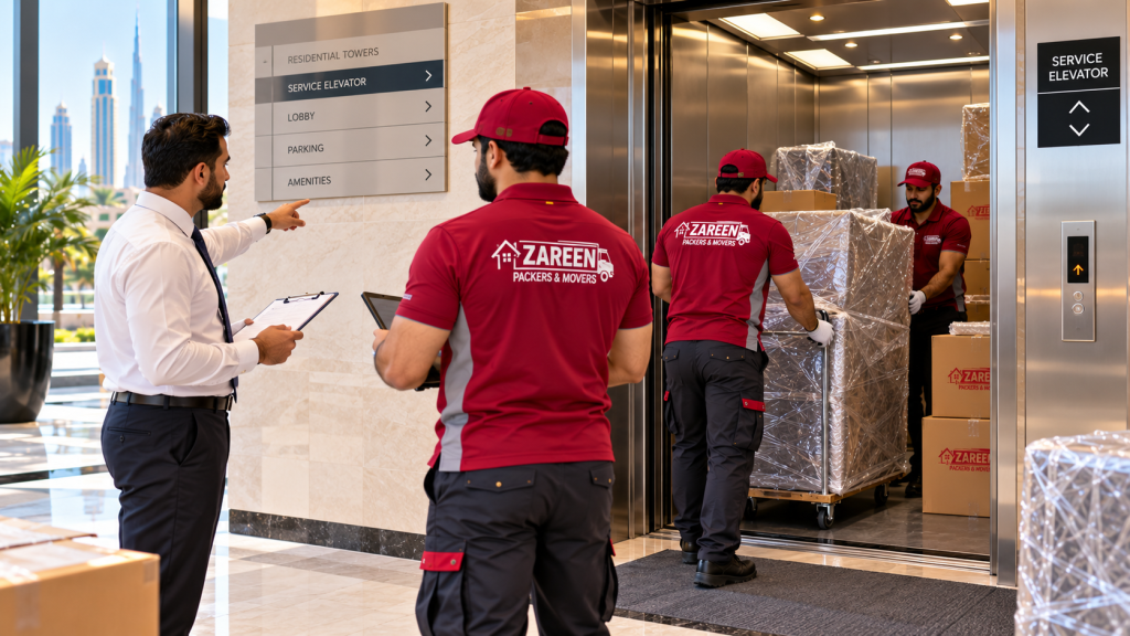 Apartment movers in Dubai loading wrapped furniture into a service elevator with a building coordinator
