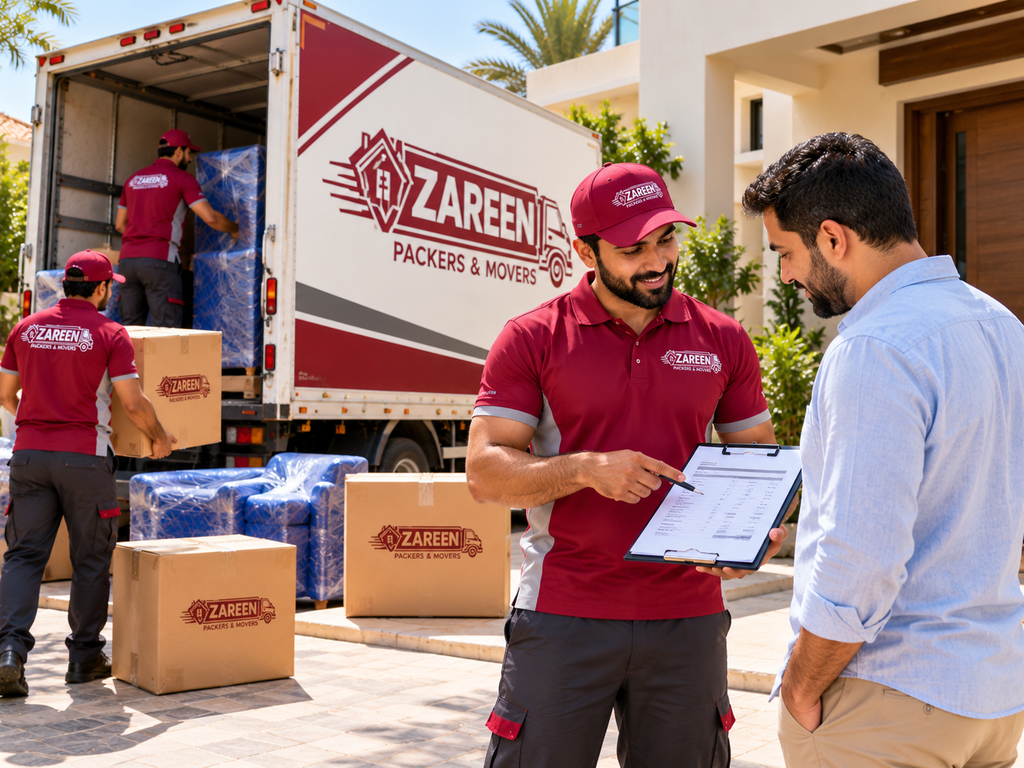 Movers providing a written moving quote to a customer beside a branded truck