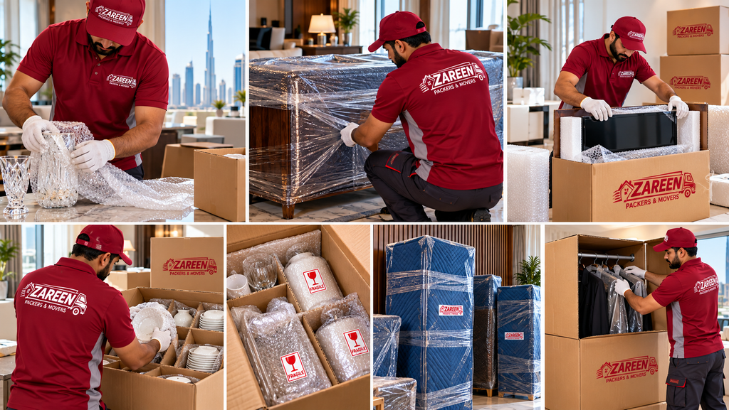 Collage of movers wrapping glassware, furniture and fragile items and packing moving boxes during a house move