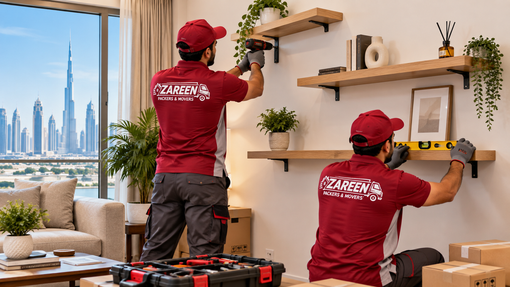 Technicians mounting wooden floating shelves on a living room wall, one checking the level with a spirit level, with the Dubai skyline behind them